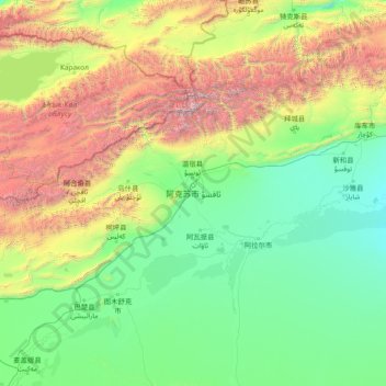 ئاقسۇ ۋىلايىتى - 阿克苏地区 topographic map, elevation, terrain