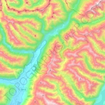 Makarora River topographic map, elevation, terrain