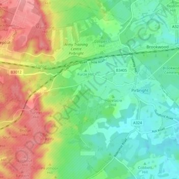 Pirbright topographic map, elevation, terrain