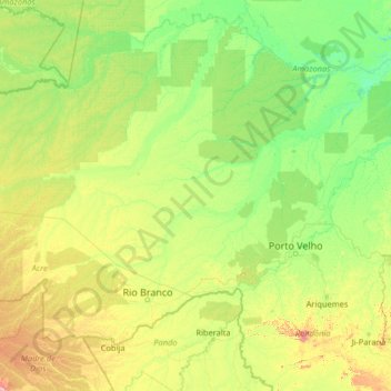 Río Purús topographic map, elevation, terrain