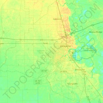 Lafayette Parish topographic map, elevation, terrain