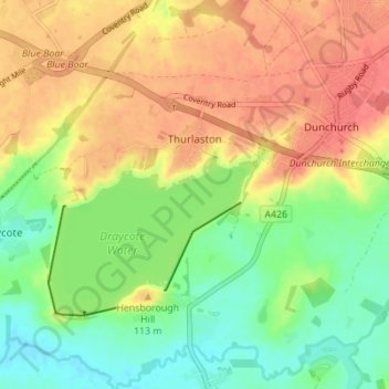 Thurlaston CP topographic map, elevation, terrain