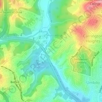 Umbilo River topographic map, elevation, terrain