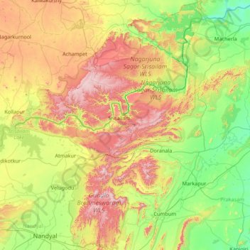 Nagarjuna Sagar-Srisailam Tiger Reserve topographic map, elevation, terrain