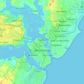 Mombasa topographic map, elevation, terrain