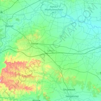 Sinnar topographic map, elevation, relief